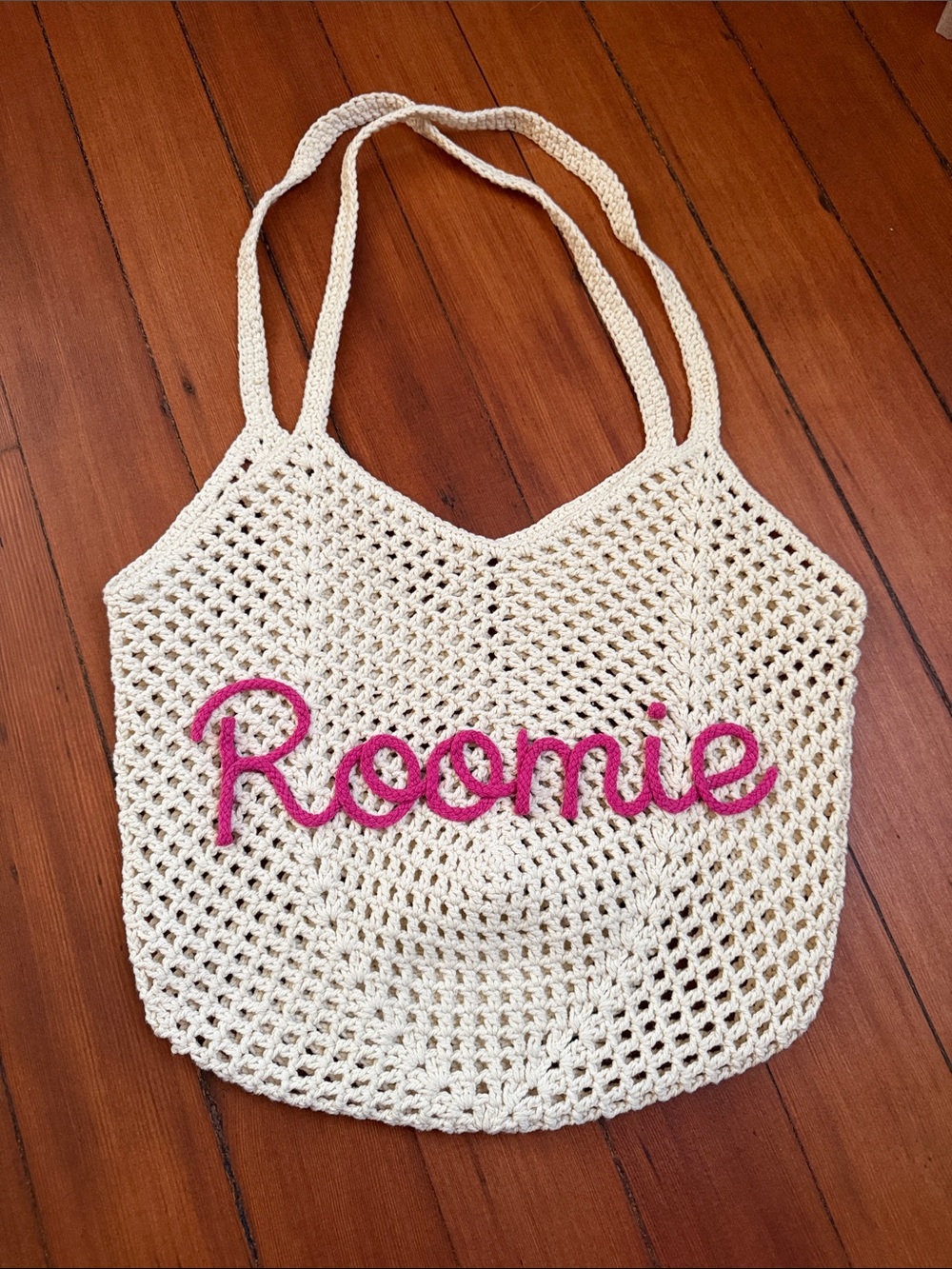 Cream Crochet Tote with Pink "Roomie" Script